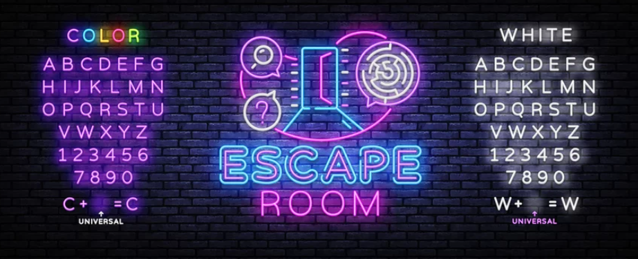 neonowy napis "escape room", czyli pokój zagadek w języku angielskim